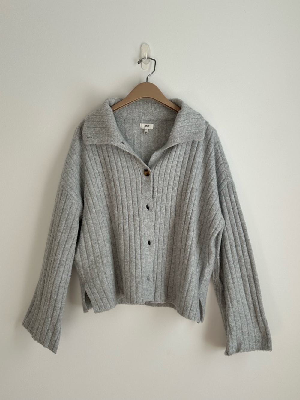 Aerie Gray Ribbed Cardigan Sweater | Collared Button Front | Cozy Knit | Size S